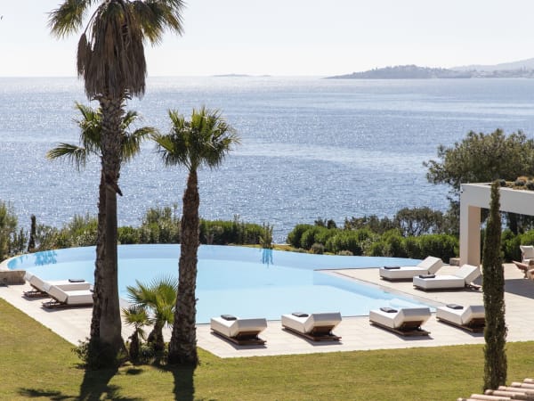 Palm trees looking out to sea above the manicured lawns and the infinity pool.